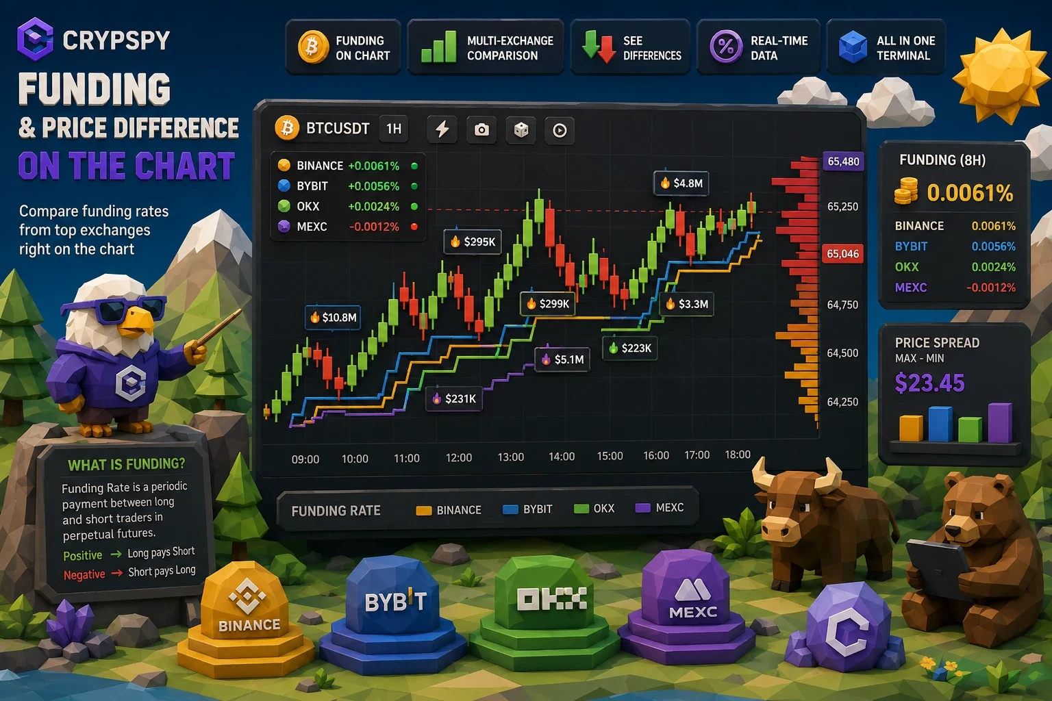 Funding and price differences between exchanges right on the chart: Binance, OKX, MEXC, and Bybit